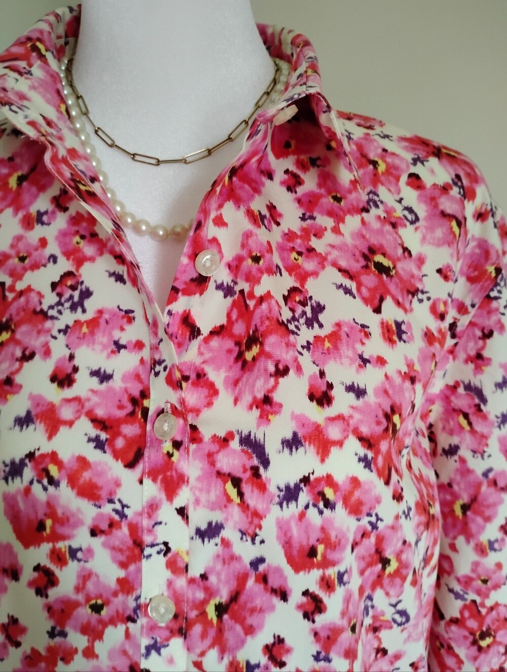 Lands' End No Iron Supima Cotton Button Up Shirt Pink Floral Classic Size 14